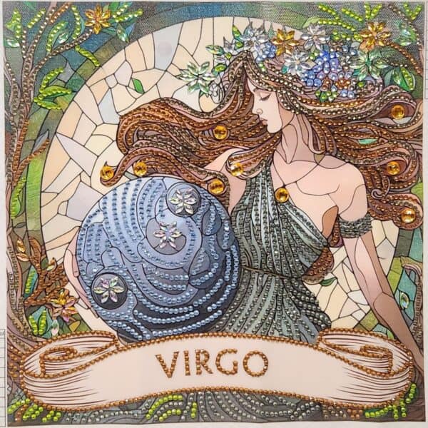 Virgo zodiac sign mosaic artwork with intricate details and vibrant colors.