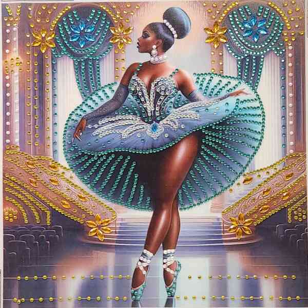 Ballet dancer in elaborate costume performing on stage with ornate backdrop.