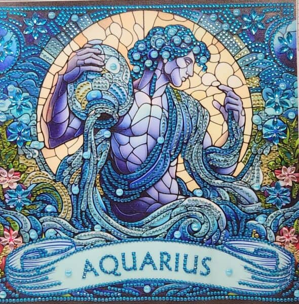 Artistic mosaic of Aquarius zodiac sign with water bearer and celestial background.