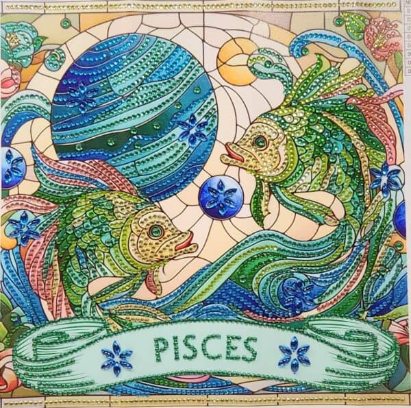 Colorful mosaic of Pisces zodiac sign with fish and celestial elements.