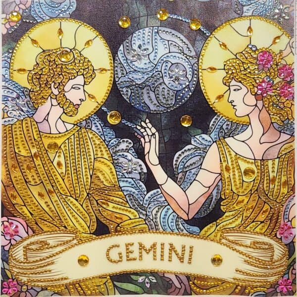 Artistic depiction of Gemini zodiac sign with gold accents and floral details.