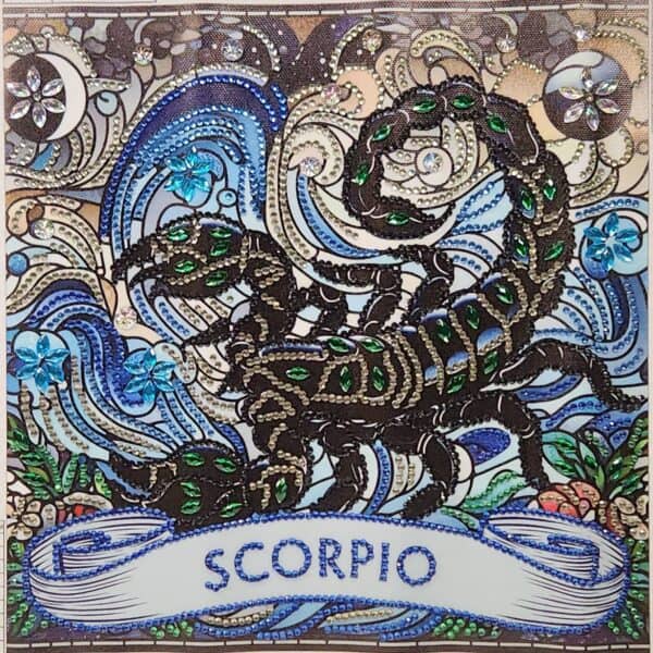 Artistic depiction of the Scorpio zodiac sign with intricate beadwork and vibrant colors.