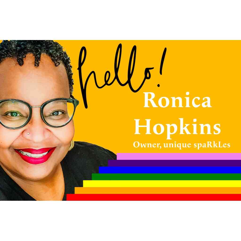 Ronica Hopkins seller spotlight photo on yellow backgroud with rainbow stripes