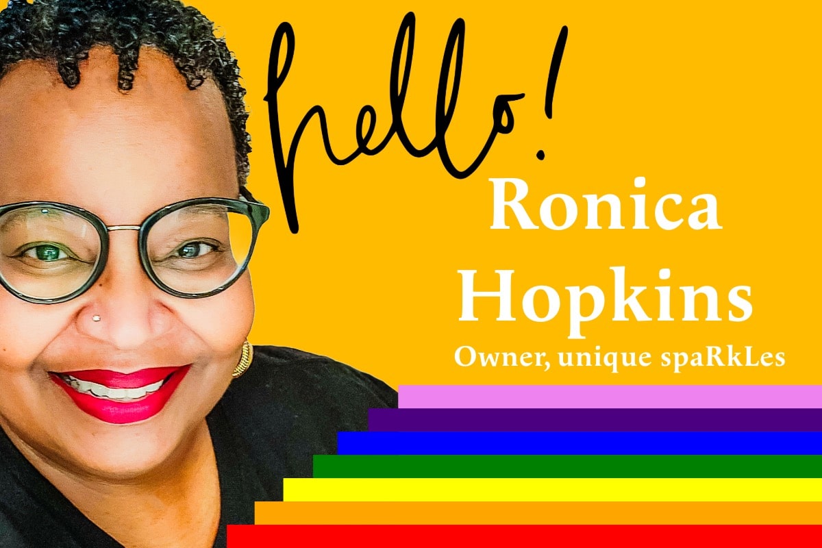Ronica Hopkins seller spotlight photo on yellow backgroud with rainbow stripes