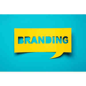 BRANDING concept with speech bubble on vibrant blue background.