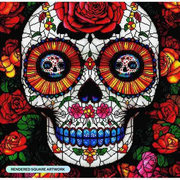 Colorful sugar skull mosaic with roses, Day of the Dead art, vibrant Mexican celebration.