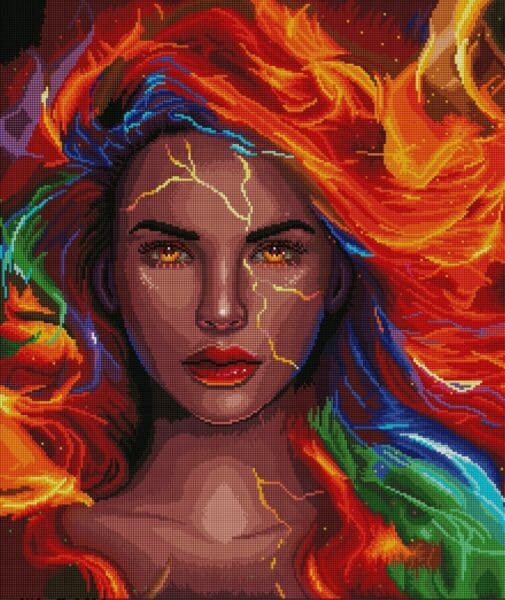 Bright woman with fiery red and orange hair, surrounded by lightning and vibrant colors, symbolizing.