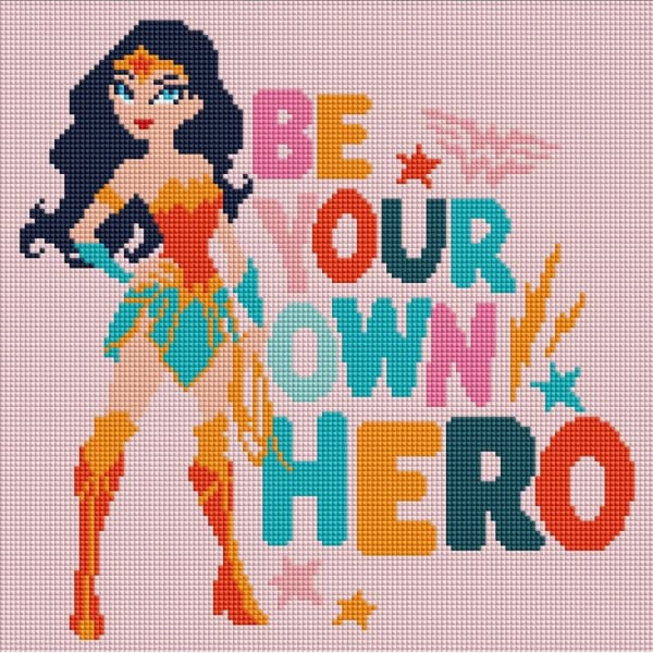 Wonder Woman pixel art with empowering message "Be Our Own Hero" for BlackSpace.