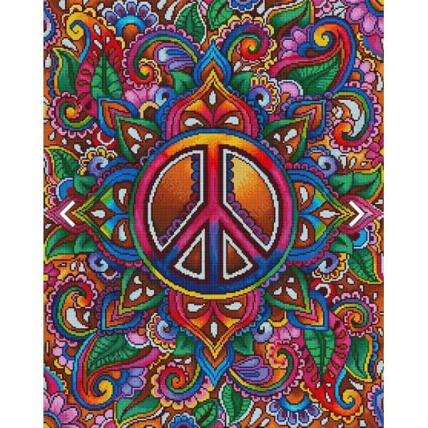 Peace symbol with vibrant, intricate floral and paisley patterns in bright colors.