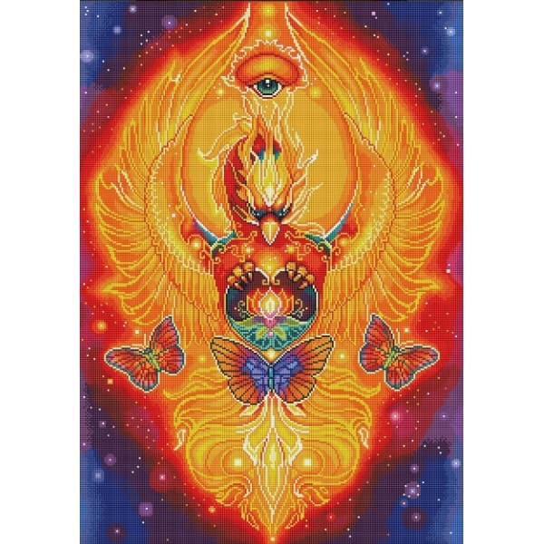 A colorful, mystical phoenix with an eye and butterflies, symbolizing transformation and spiritualit.