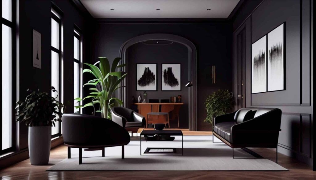 A sleek, modern black and gray living room with stylish furniture and large windows.