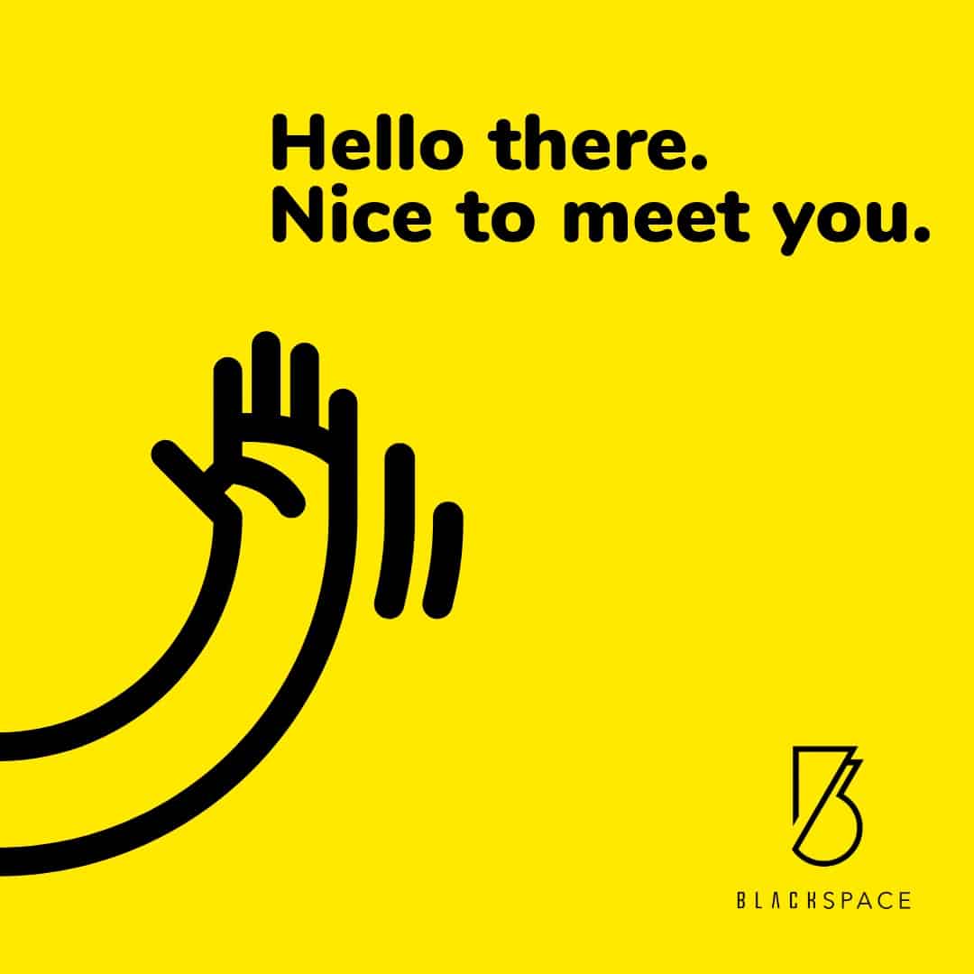Friendly greeting with a welcoming message on a vibrant yellow background, featuring a stylized hand.