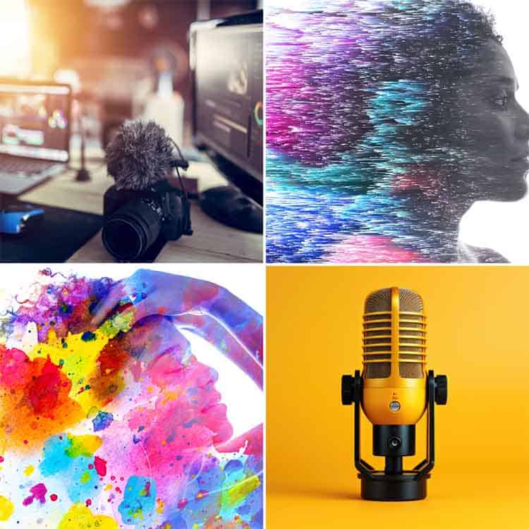 Creative digital workspace with headphones and computer setup for content creation.