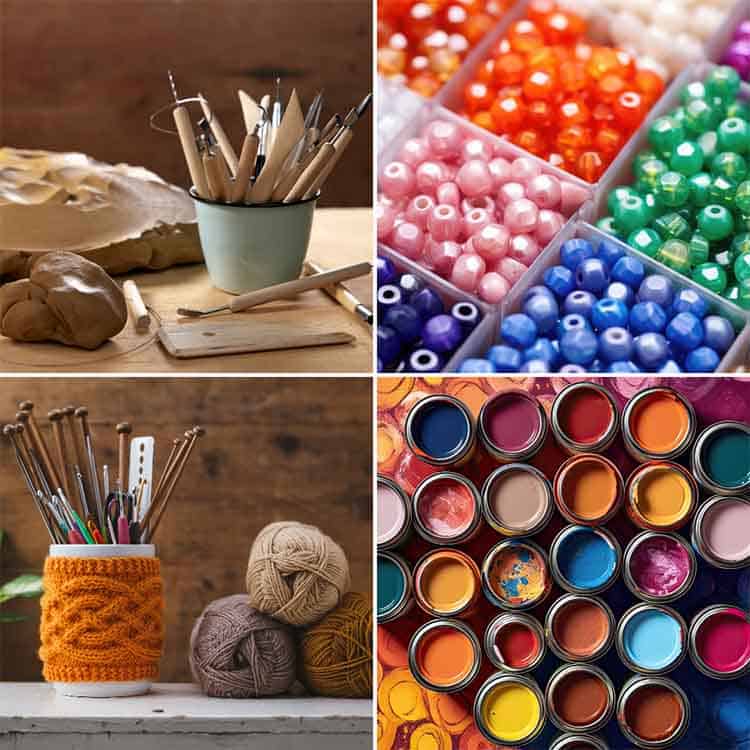 Brightly colored beads and paint jars for arts and crafts projects. Creative supplies for DIY activi.