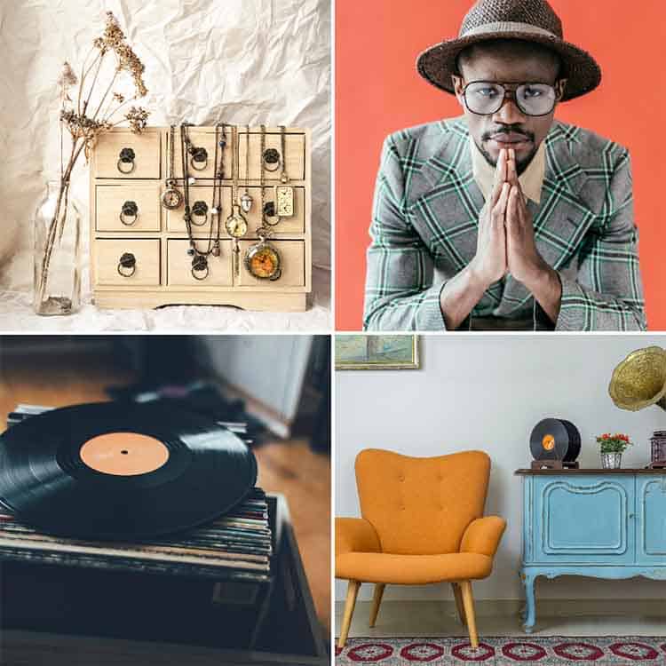 Vintage jewelry display with necklaces and rings on wooden drawers, styled with dried flowers for a.