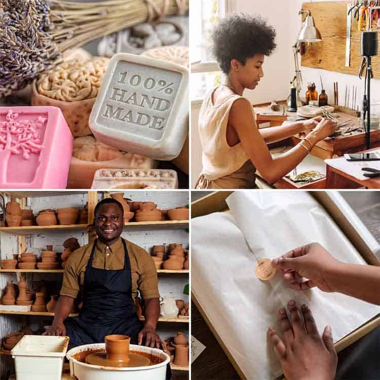 Handmade soap and pottery artisans creating and showcasing their craft in a creative workshop enviro.