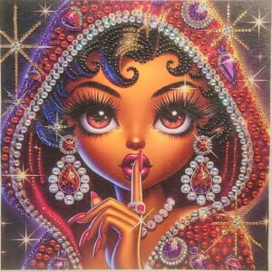 Colorful illustrated woman with jewelry and a secretive gesture, vibrant and detailed.