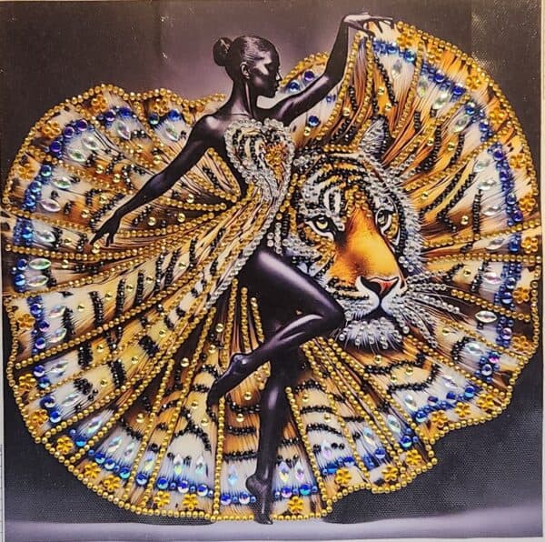 Elegant ballerina with a tiger motif, adorned in a vibrant, jewel-encrusted costume inspired by Afri.