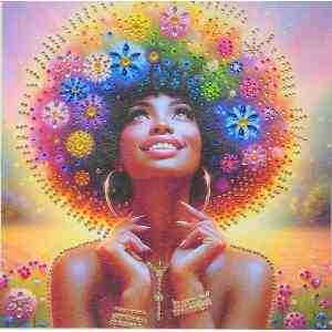 Vibrant portrait of a woman with colorful floral headdress and radiant smile.