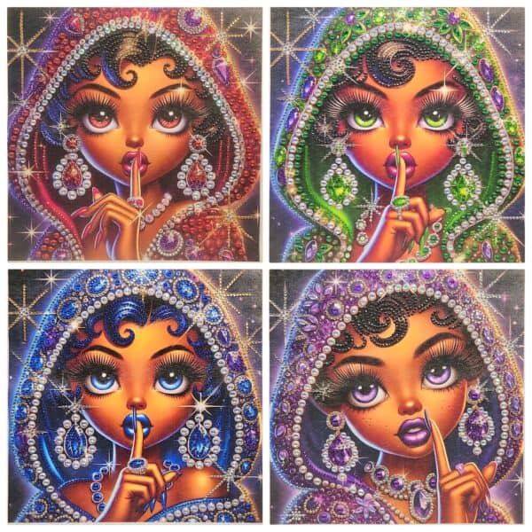 Colorful illustrated women with jewelry and finger on lips, vibrant and detailed artwork.