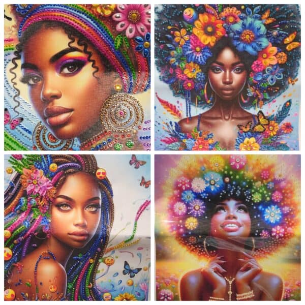 Vibrant African-inspired portrait with colorful beads, flowers, and intricate details.