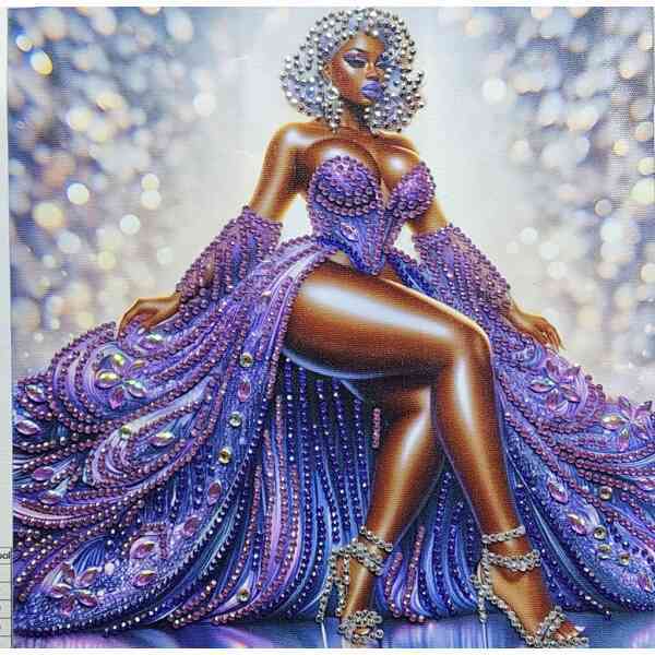 Elegant woman in a purple beaded gown with jewelry, sitting confidently.