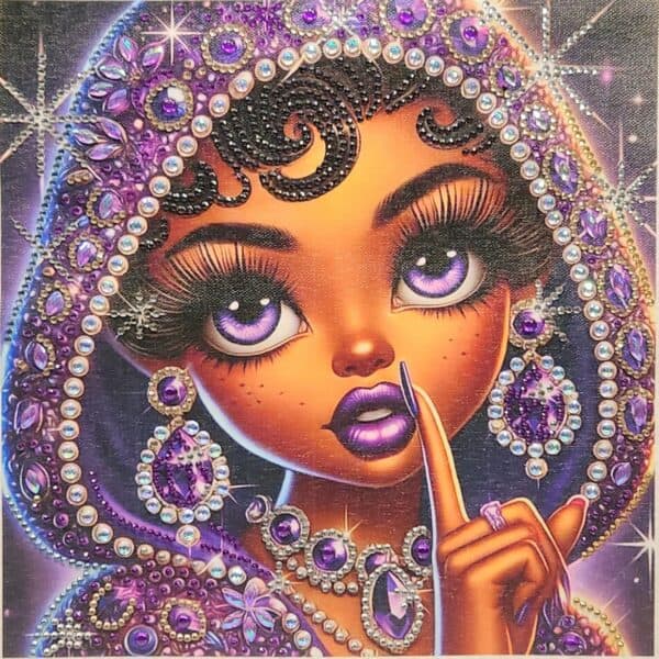 Elegant doll with purple jewelry and a "shh" gesture, surrounded by sparkling accessories.