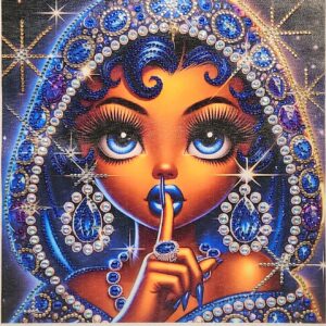 Vibrant illustration of a woman with large blue eyes, adorned with sparkling jewelry and a shushing.