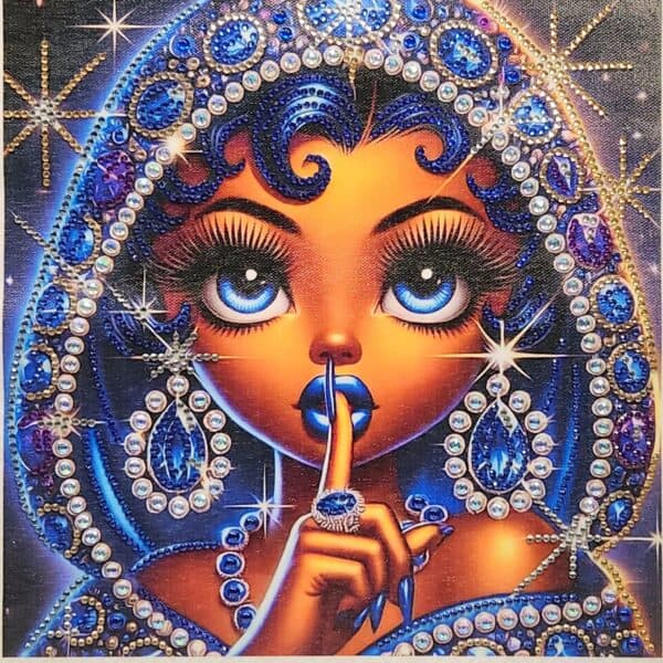 Vibrant illustration of a woman with large blue eyes, adorned with sparkling jewelry and a shushing.