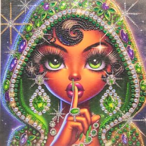 Vibrant, jeweled portrait of a woman with green eyes and a "shh" gesture, adorned with colorful gems.