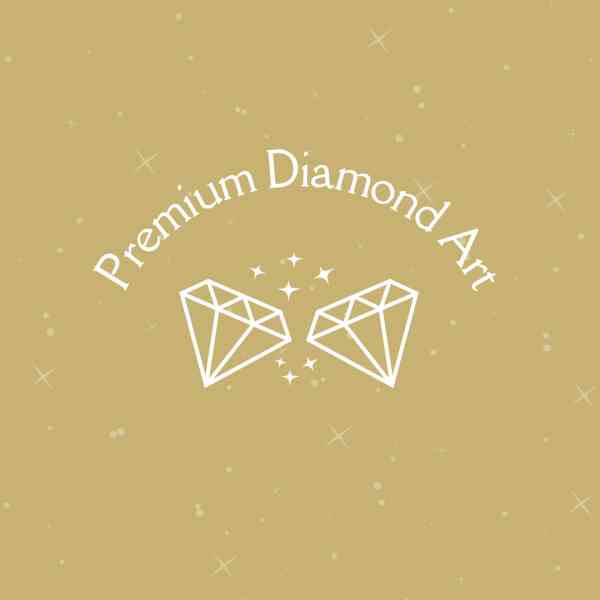 Premium Diamond Art logo with two stylized diamonds and sparkling stars on a gold background.