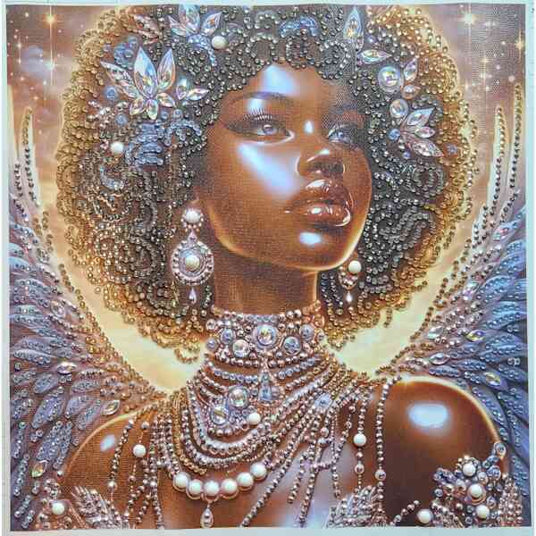 Elegant woman adorned with intricate pearl and gemstone jewelry, featuring a radiant headdress and l.