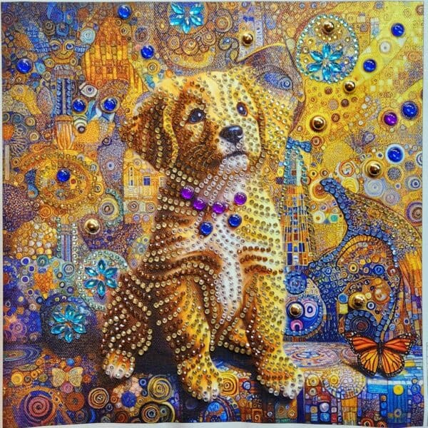 A colorful mosaic of a dog adorned with beads and jewels, surrounded by vibrant patterns and abstrac.