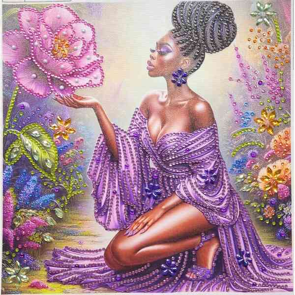Elegant woman in purple beaded dress with intricate jewelry, surrounded by vibrant floral artwork an.