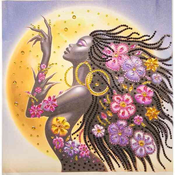 A colorful artistic depiction of a Black woman with flowing hair adorned with vibrant flowers and be.