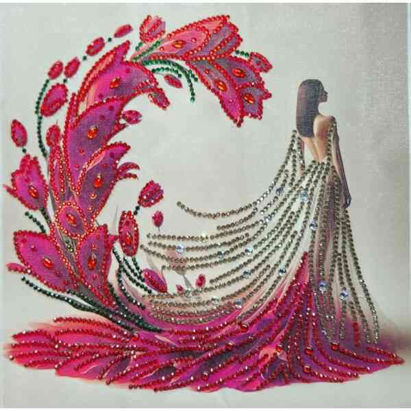 Elegant woman in a beaded dress with intricate pink and silver embellishments, surrounded by vibrant.