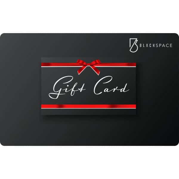 Elegant black gift card with red ribbon and bow, featuring "Gift Card" text for BlackSpace branding.
