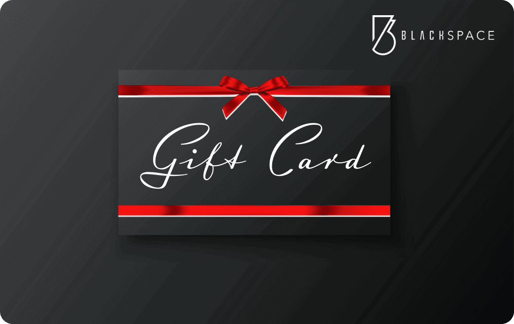 Elegant black gift card with red ribbon and bow, featuring "Gift Card" text for BlackSpace branding.