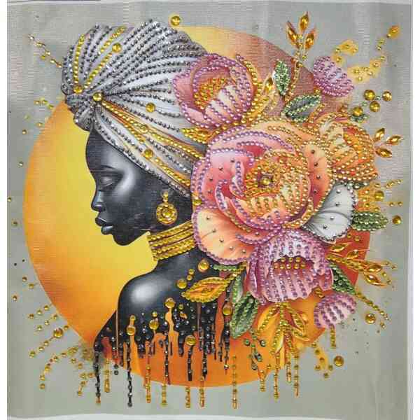 African woman portrait with elaborate headwrap and floral jewelry, vibrant colors, and intricate bea.
