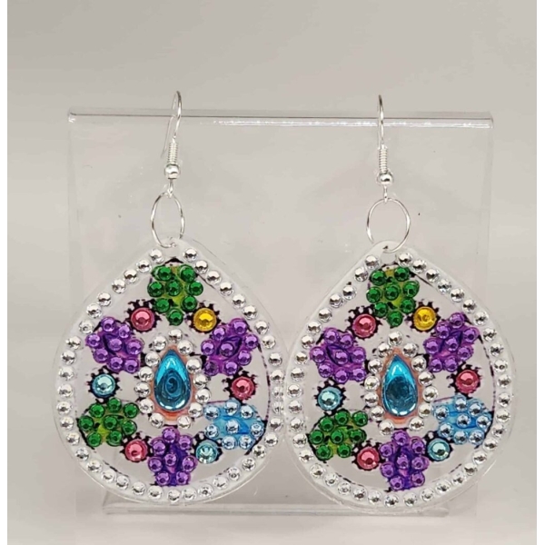 Brightly colored beaded earrings with a teardrop centerpiece, featuring green, purple, pink, blue, a.
