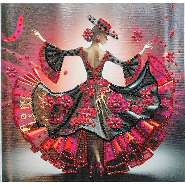 Elegant woman in a vibrant, embellished dress with floral and bead details, wearing a wide-brimmed h.