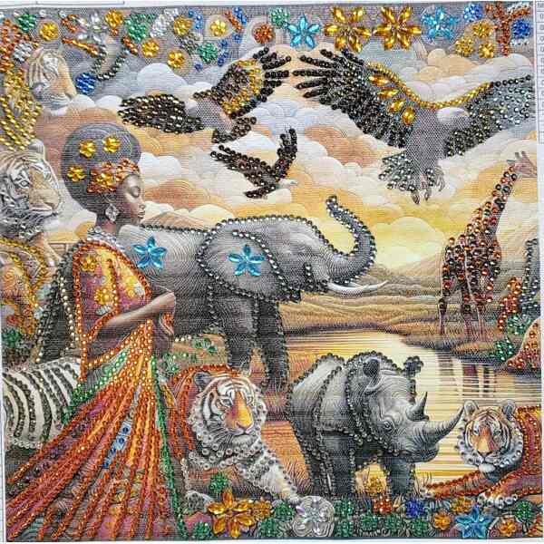 Vibrant mosaic artwork featuring African woman, elephants, and wildlife scene with birds and giraffe.