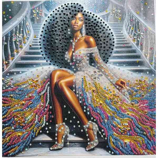 Luxurious woman in an ornate, jeweled gown sitting on a grand staircase with elaborate embellishment.