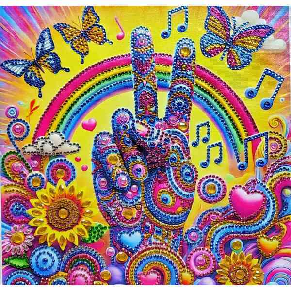 Peace sign hand with colorful beads, rhinestones, and decorative elements, surrounded by butterflies.