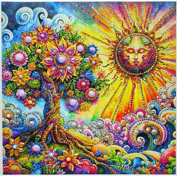 Vibrant, colorful artwork featuring a blooming tree and a radiant sun with a face, symbolizing natur.