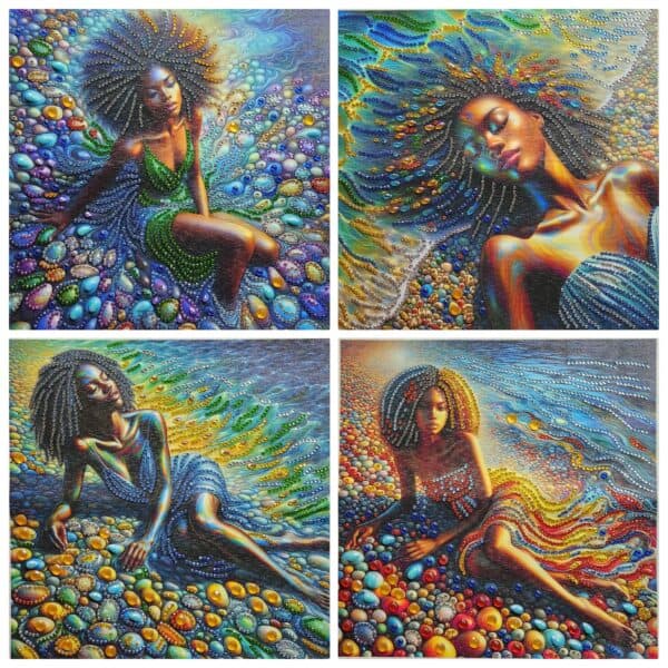 Vibrant African-inspired bead art portraits of women, colorful and detailed.