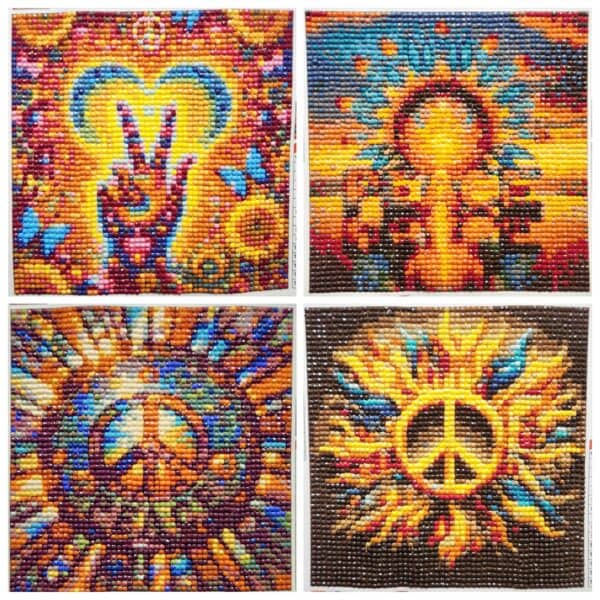 Peace, love, and unity symbols in vibrant bead art representing Black culture and activism.