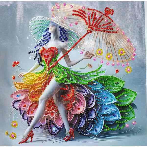 A colorful, artistic depiction of a woman with a vibrant, flower-inspired dress made of beads and rh.