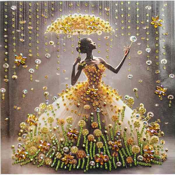 Elegant woman in a floral dress with gold accents, surrounded by shimmering beads and flowers, creat.
