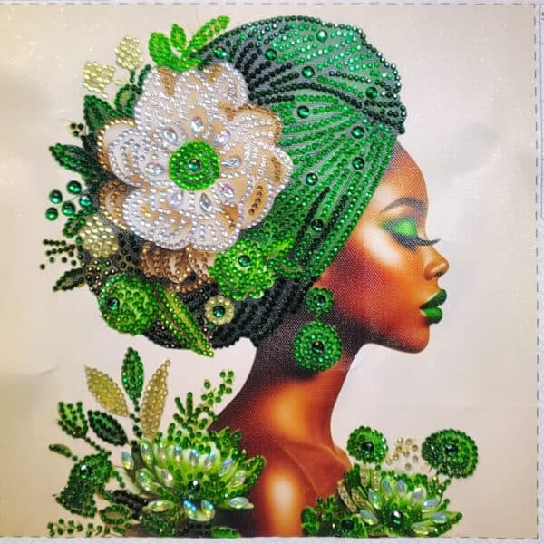 Brightly adorned woman with intricate green, white, and gold beadwork and floral accessories, showca.